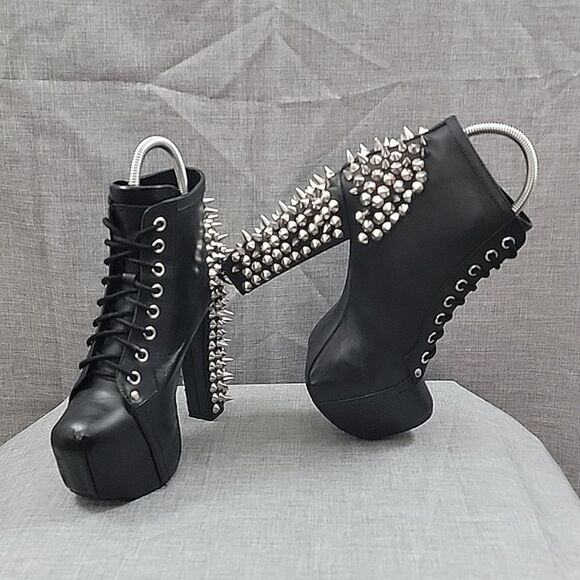 Jeffrey Campbell Silver Spike Lita Black Leather Platform Booties SZ 6m - Picture 1 of 12